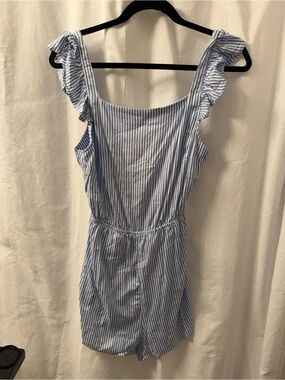 NWT Blue & White Striped Ruffle Shoulder Romper